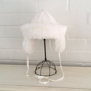 Girls Ages 3-5  White Faux Fur/Sateen Winter Church Hat With Ear Flaps